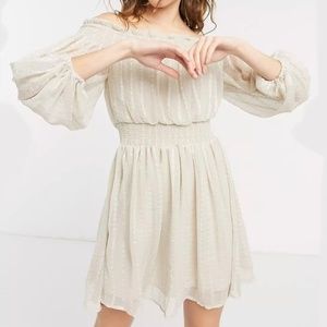 ASOS Curve | Off shoulder mini dress with blouson sleeve in self stripe cream